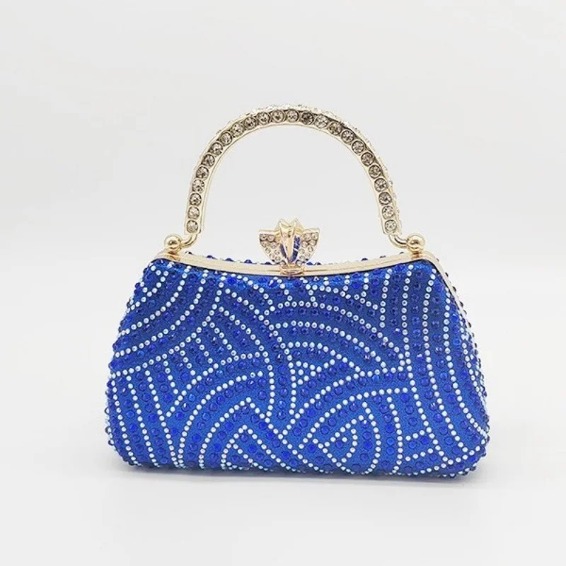 

Elegant Royal Blue Rhinestone Evening Bag with Crystal Handle Hard Box Clutch for Weddings & Cocktail Prom Parties Pink Handbags