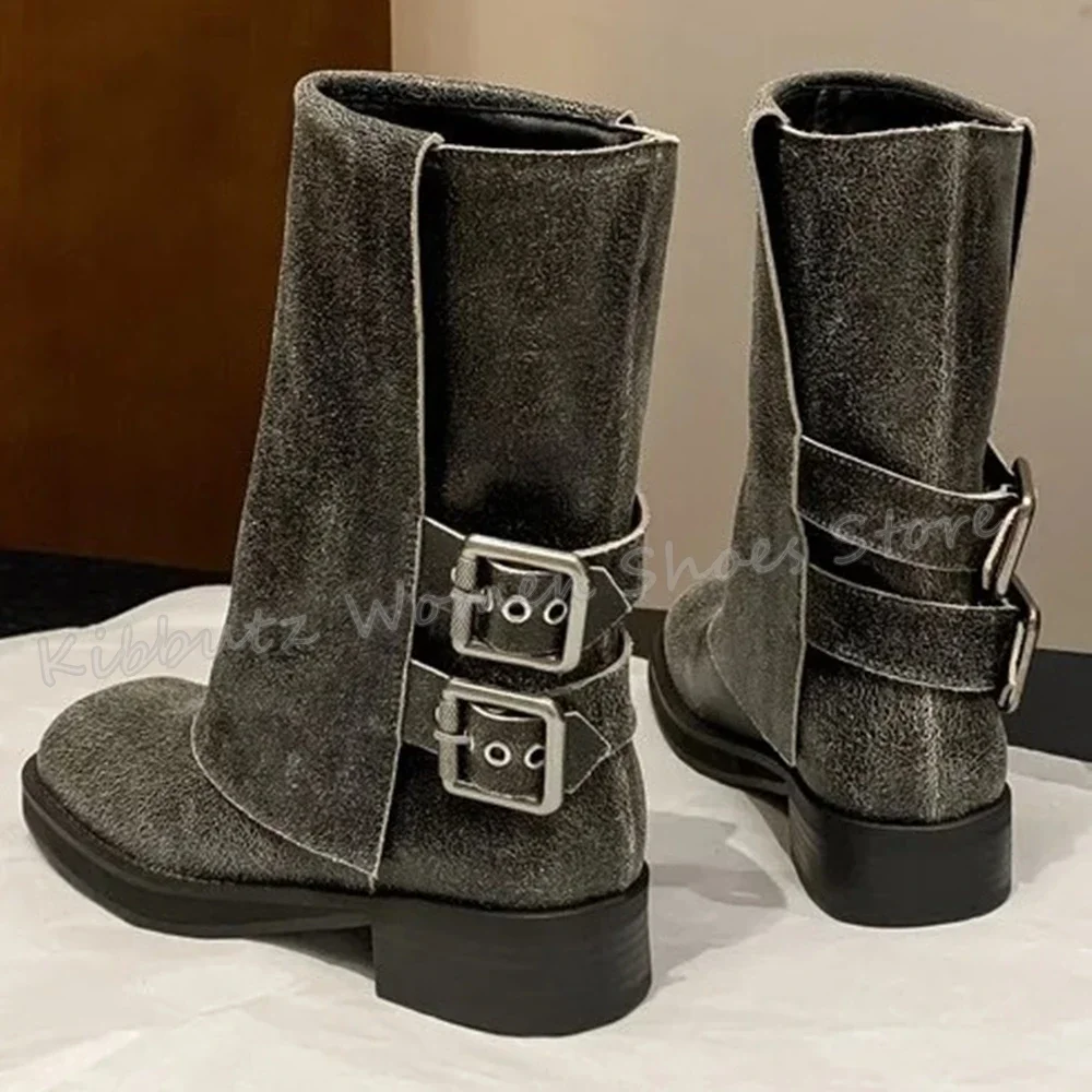 

Belt Buckle Ankle Boots Vintage Turned-Over Edge Genuine Leather Round Toe Chunky Heels Slip-On Fashion Luxury Sexy Women Shoes