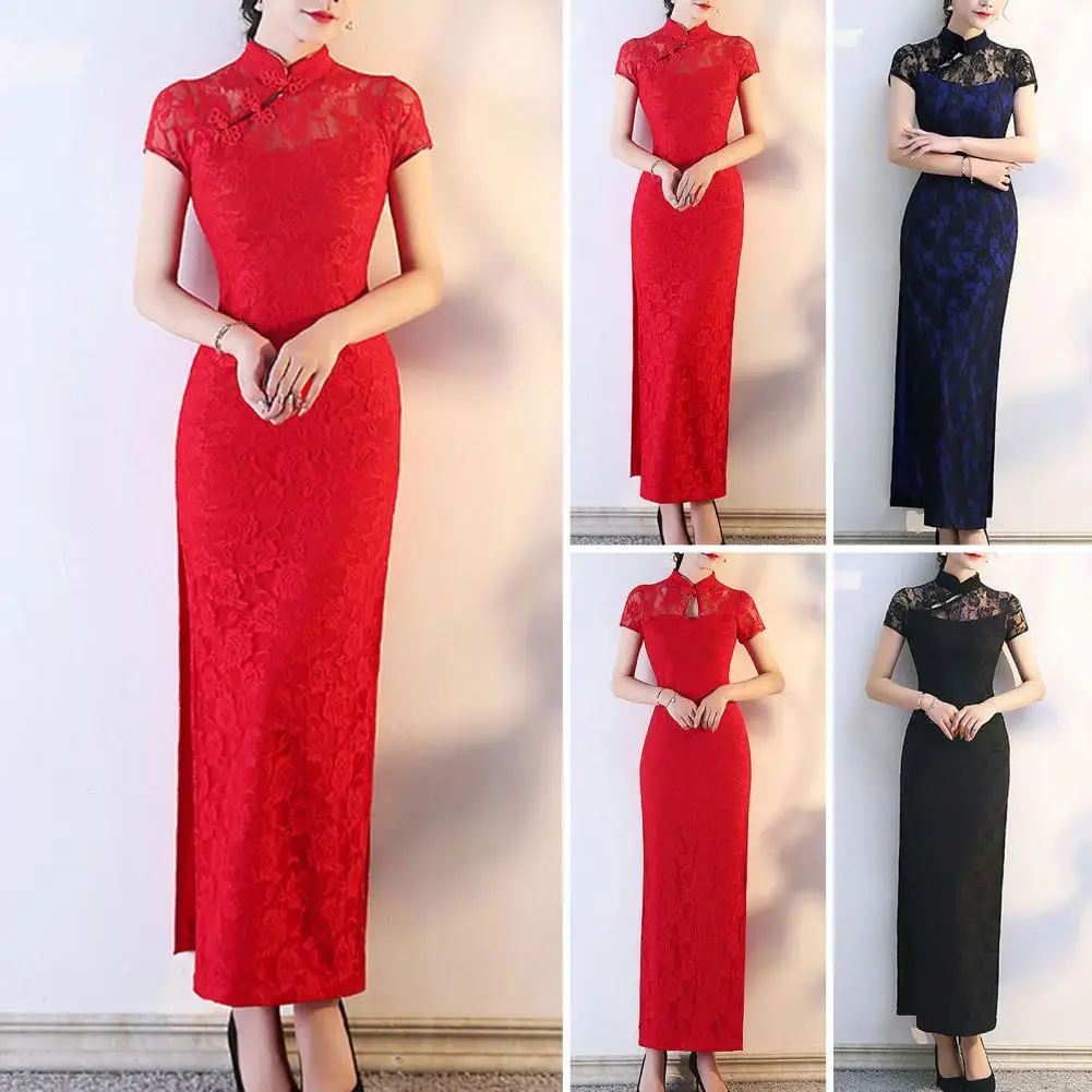 Ladies Cheongsam Dress Elegant Vintage Chinese Cheongsam Dress with Lace Patchwork Stand Collar Women's Traditional Qipao for A