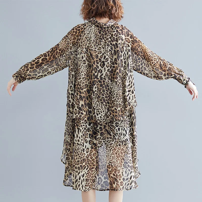 Women\'s short front and long back leopard print chiffon shirt loose and slimming thin sun protection clothing plus size