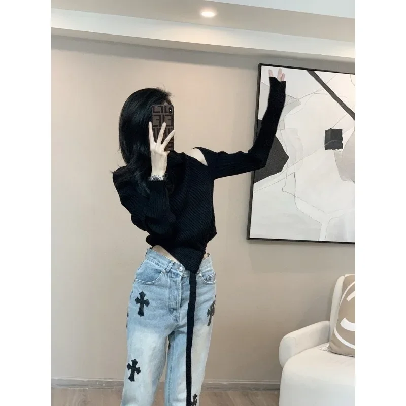 Modna workowate dลผinsy damska niebieska wysoka talia szeroka nogawka spodnie dลผinsowe naszywka z krzyลผem Harajuku proste spodnie Streetwear spodnie