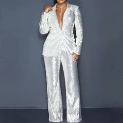 Blazer et pantalon à paillettes pour femmes, manteau blazer, taille haute, jambe large, manches longues, monochromatique, mode féminine, ensembles 2 pièces, printemps, 2023