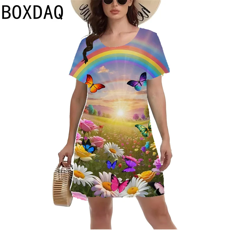 2024 New Women Casual Dress 3D Colorful Butterfly Landscape Print Mini Dress Summer Short Sleeve O-Neck A-Line Dress Vestidos