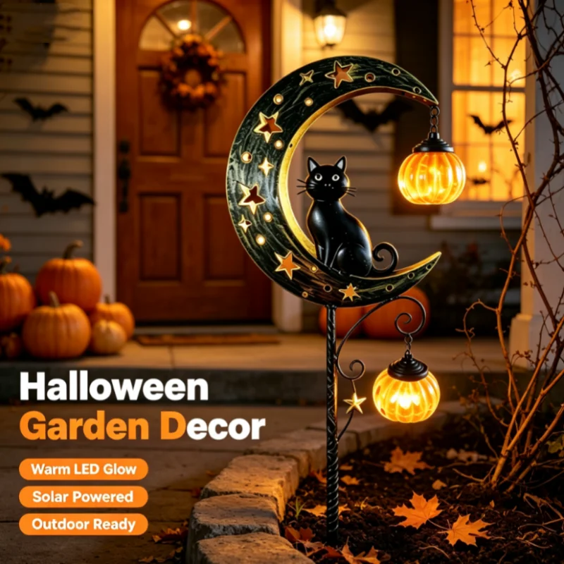 Solar Halloween Black Cat & Pumpkin Moon Garden Stake Light, Solar Garden Decoration, Outdoor Waterproof Metal Pumpkin Stake