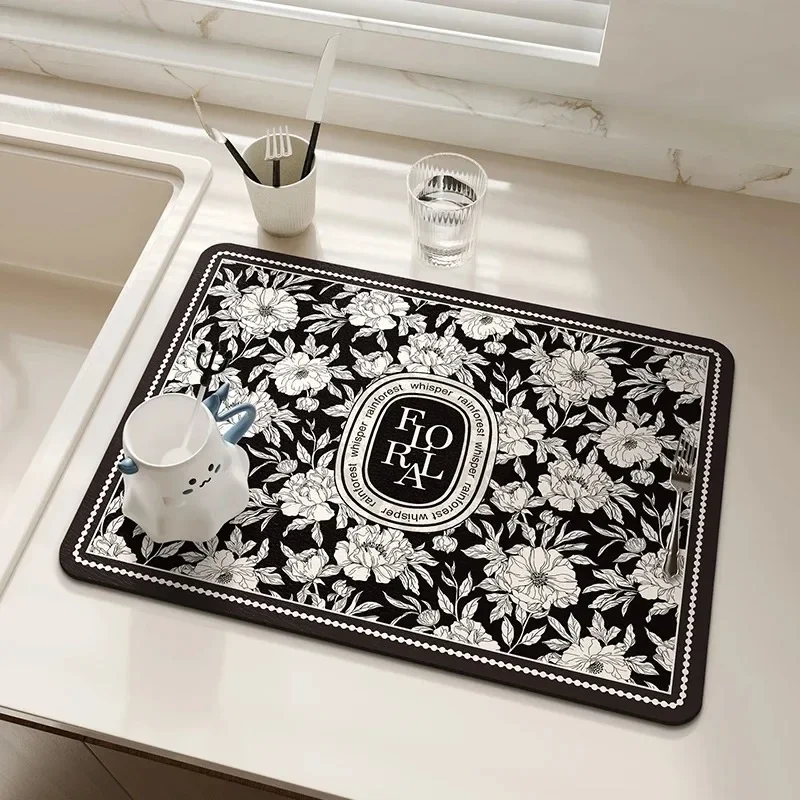 Floral Printed Dish Drying Mat Super Absorbent Coffee Drain Pad Tableware Draining Pad Quick Dry Rug Kitchen Dinnerware Placemat