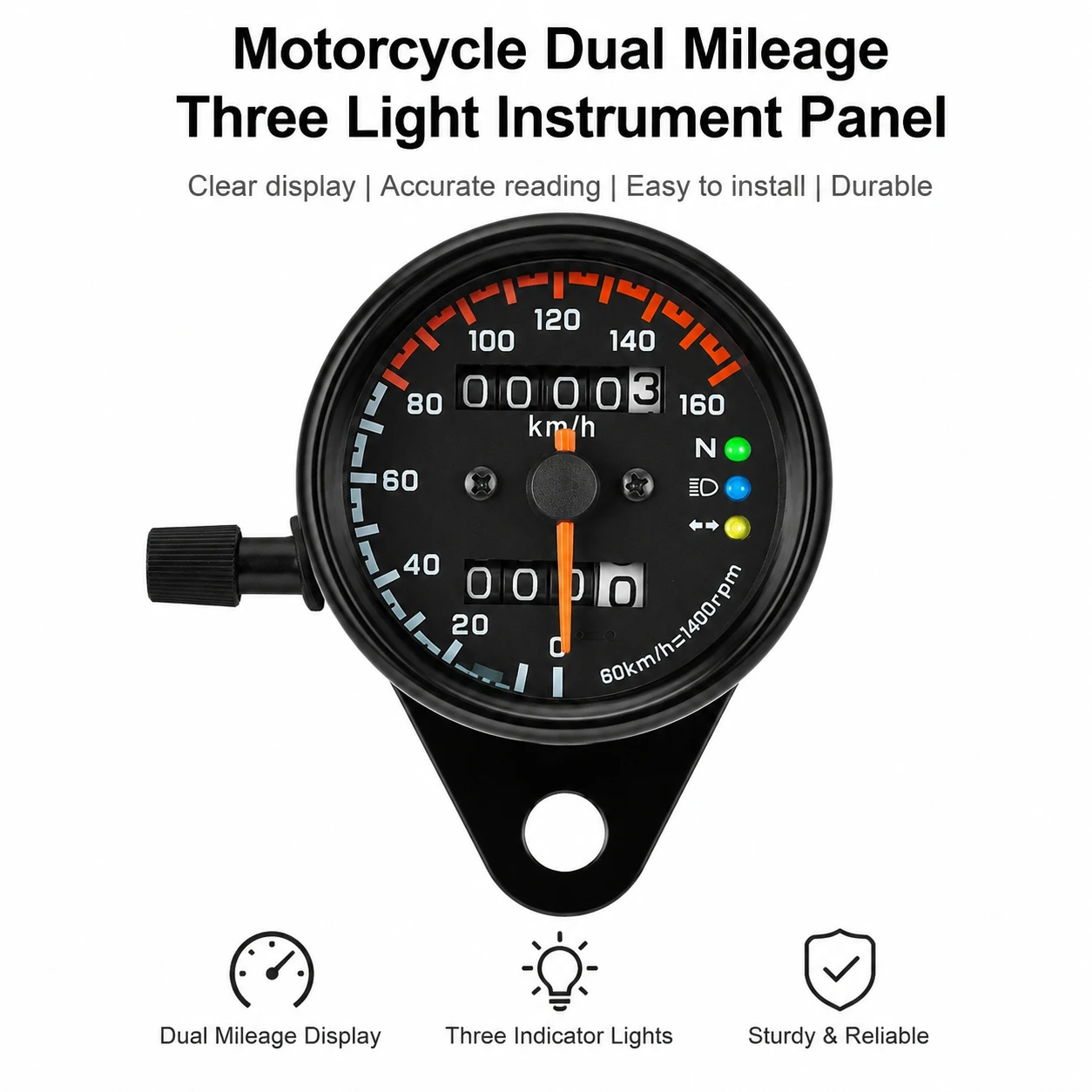 Retro Motorcycle Speedometer 12V LED Backlight Dual Odometer Gauge with 3 Indicator Lights, Motorbike Modified Speed Meter