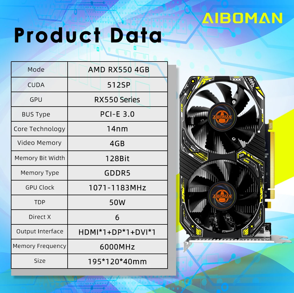 AIBOMAN Gamer أسود أصفر AMD RX550 4GB GDDR5 بطاقة الرسومات 128Bit المزدوج مروحة الكمبيوتر الجمعية الملحقات ألعاب المكتب الكهربائية #2