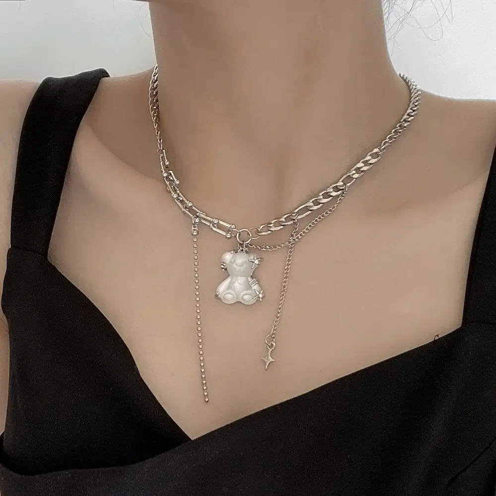 Trendy White Bear Pendant Korean Style Fashion Exquisite Multipurpose Stainless Steel Clavicle Chain for Woman Girl Jewelry