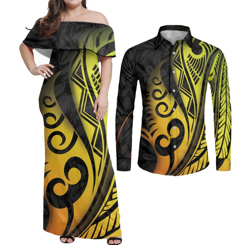 

HYCOOL Hot Sale Luxury Design Hawaii Dresse Polynesian Tribal Ladies Long Evening Dresses Match Men Shirt Sets Of Couple