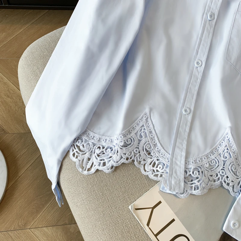 エレガントなフレンチスタイルの長袖シャツ、女性用、ターンダウンカラー、ルーズフィット、透かし彫りレースのトリムブラウス、カジュアルな韓国風シックなトップス