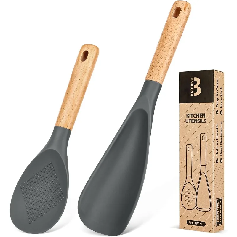 

Cooking Spoon and Rice Scooper for Nonstick Cookwares, Great for Cooking and Serving Sturdy BPA-Free Matte Silicone, Wood Handle