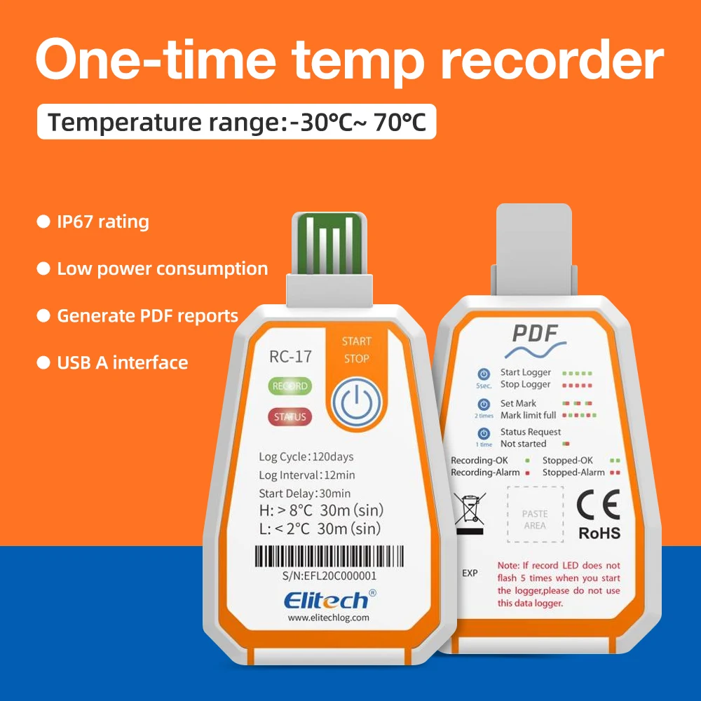 High Accuracy  -30℃ to 70℃ Recorder Reliable Battery Powered Logger Ideal for Food Storage Pharmaceutical Transport