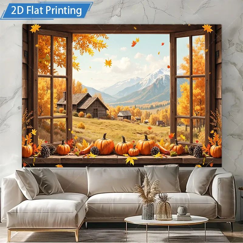 [2D شقة] 1 قطعة 4x16 بوصة علامة معدنية الخريف نافذة عرض اليقطين الحصاد مزرعة الجبل المشهد 2D شقة طباعة المعادن جدار الفن