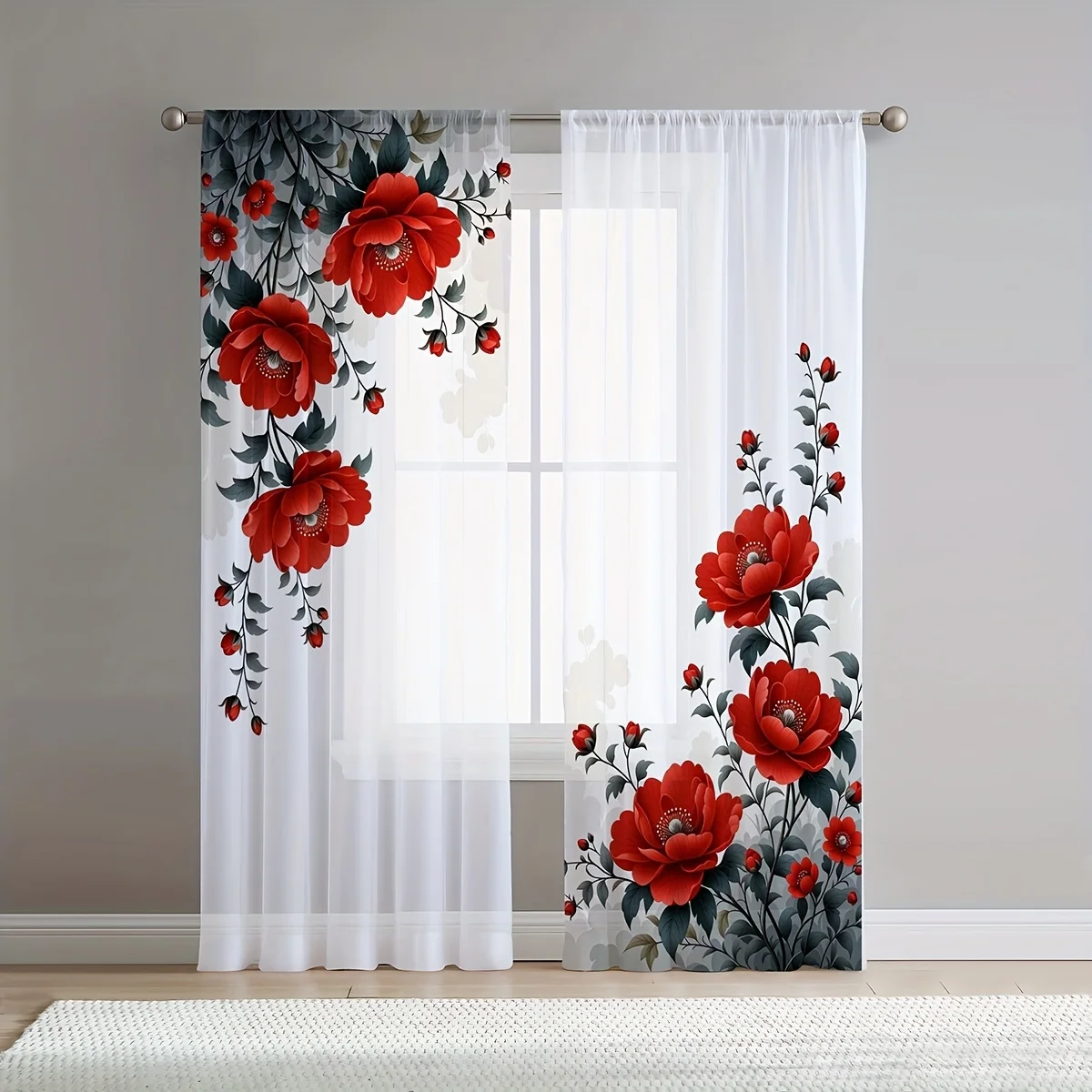 2 Panels Red Peony Sheer Curtains White Base Dark Green Leaf Vine Floral Print Drapes Elegant Retro Living Bedroom Window Decor