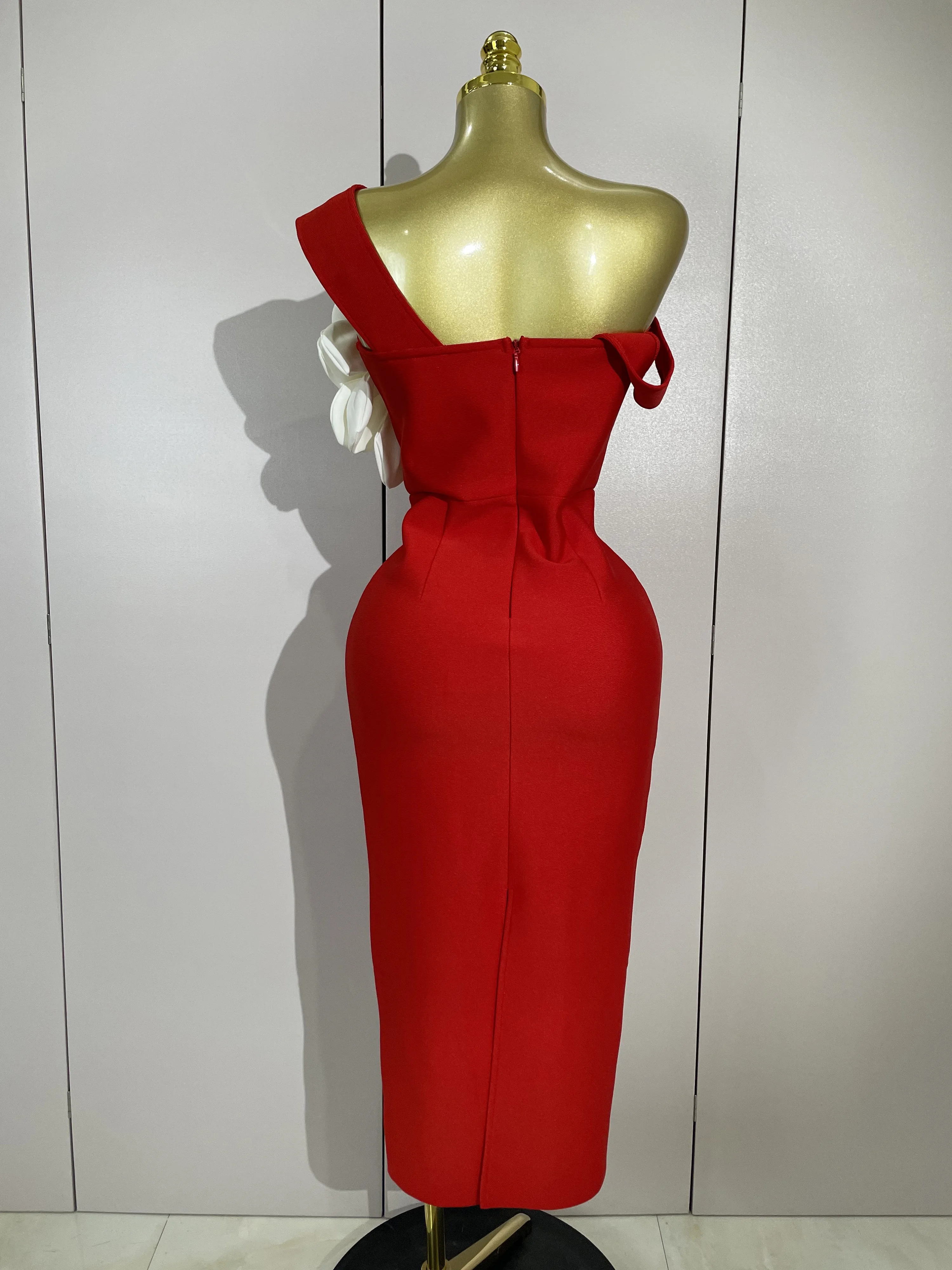 مثير قبالة الكتف زهرة بيضاء أسود أحمر Bodycon ضمادة فستان طويل المرأة الفاخرة المشاهير مساء نادي أنيقة رداء حفلات #3