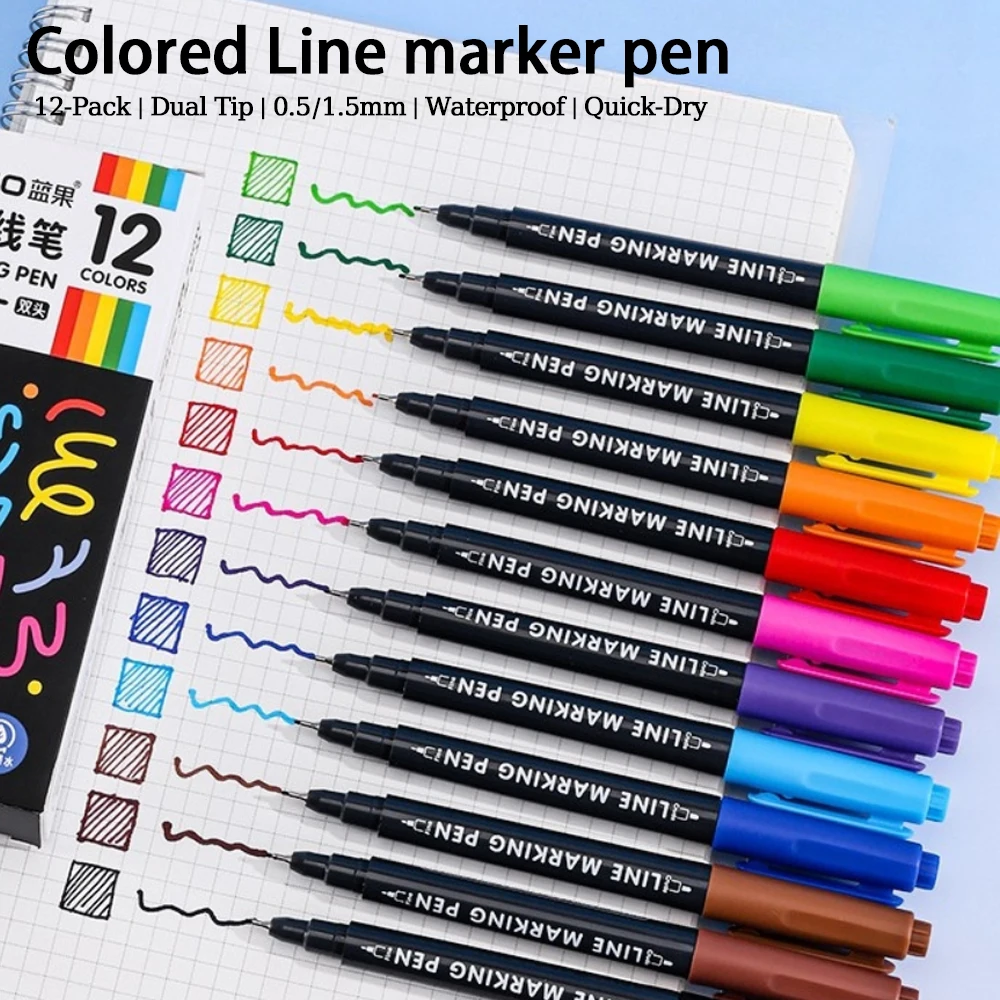 

12-Pack Dual Tip Colored Line marker pen 0.5/1.5mm Waterproof Quick-Dry Professional Drawing Pens