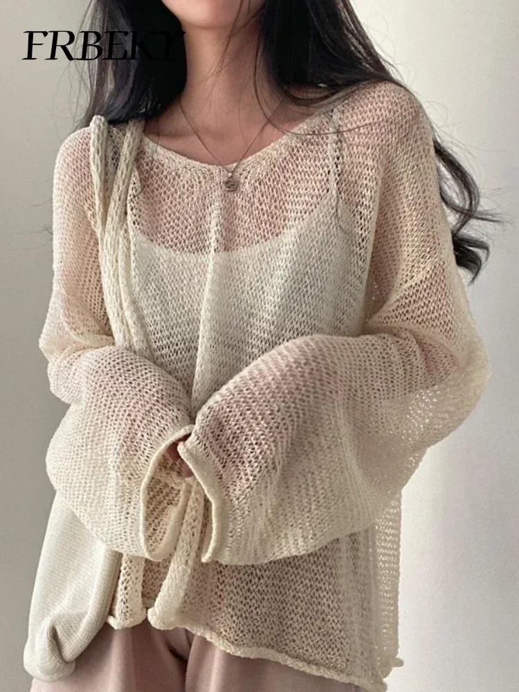 

Autumn Irregular Thin Knitted Top Loose Lazy Long-sleeved Knitted Hollowed Pullover Sweaters Streetwear Jumper Korean Fashion