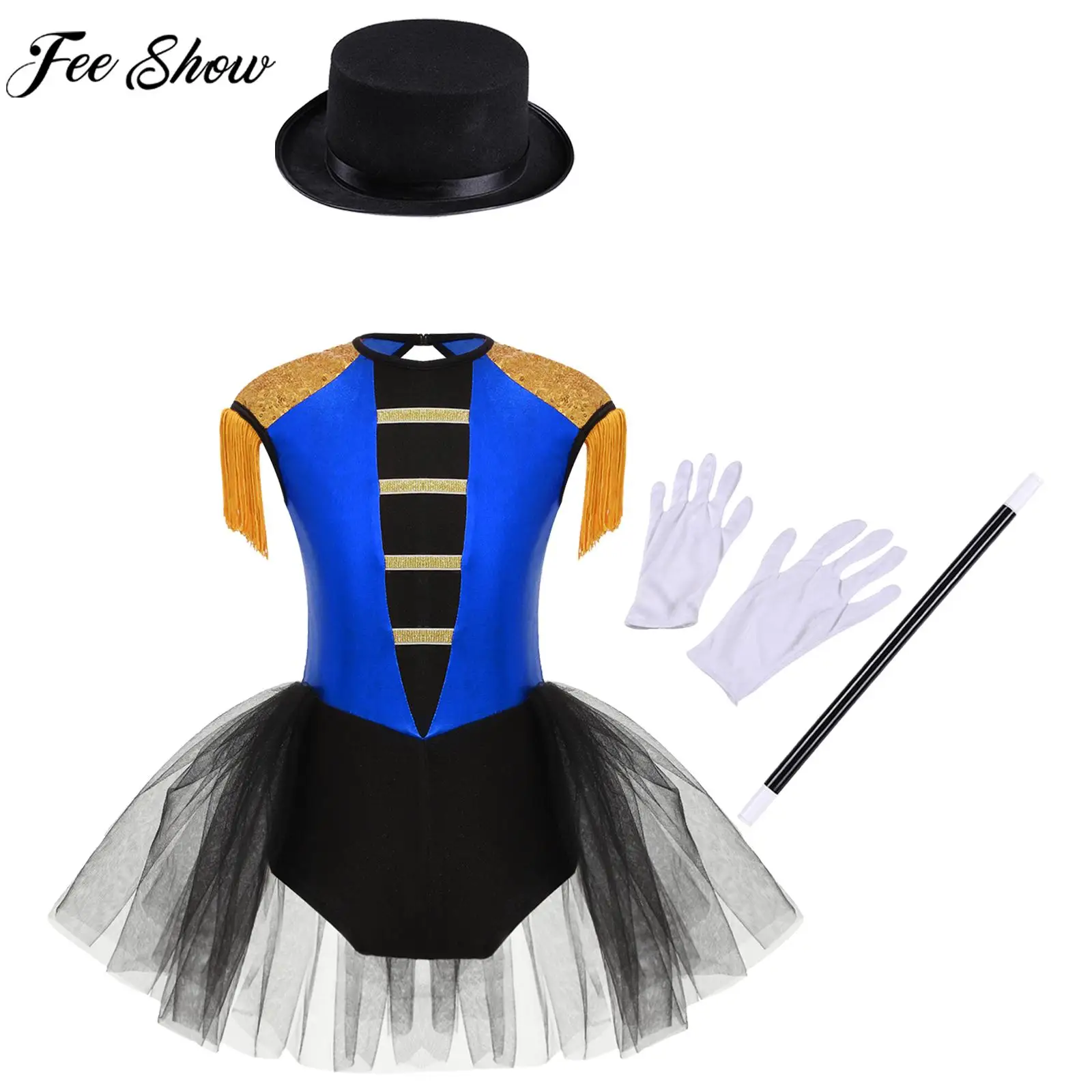 

Children Girls Halloween Circus Ringmaster Magican Cosplay Performance Costume Leotard Tutu Dress with Hat Magic Wand Gloves