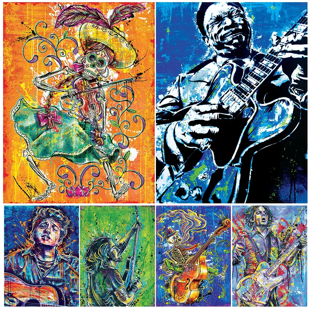 

Guitar Music Rock And Roll Art Poster And Print Day Of The Dead Fiddle Player Vintage Wall Art Canvas Painting Home Decoration