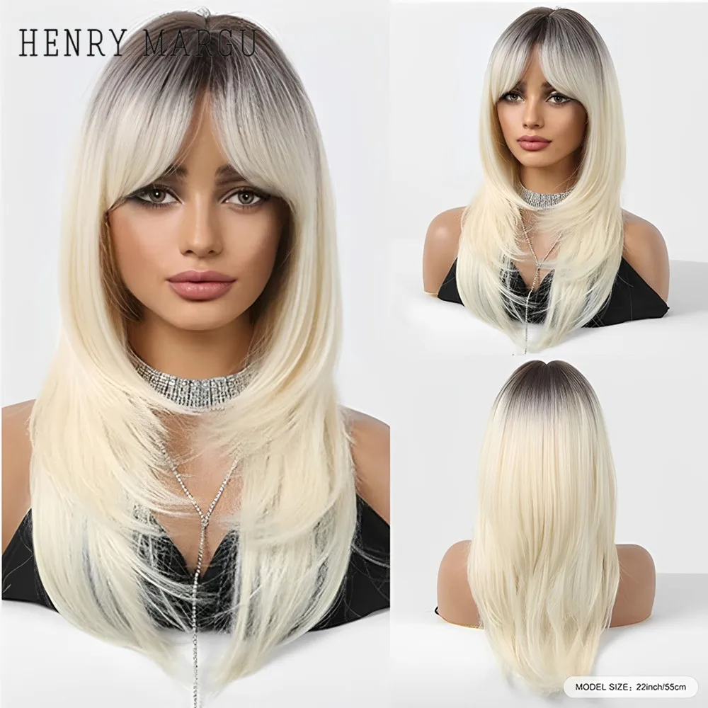 HENRY MARGU Ombre Light Blonde Layered Synthetic Wigs for Women Long Natural Straight Wigs with Bangs Cosplay Heat Resistant Wig