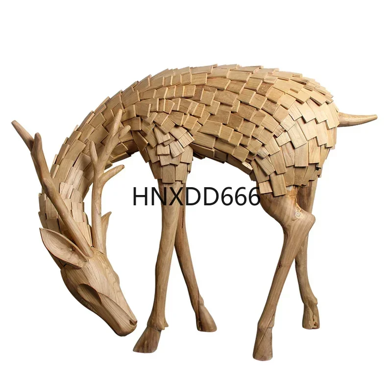 Solid Wood Sculpture Deer Decoration Floor Indoor Large Soft Decoration Villa Shopping Mall Wood Carving Crafts
