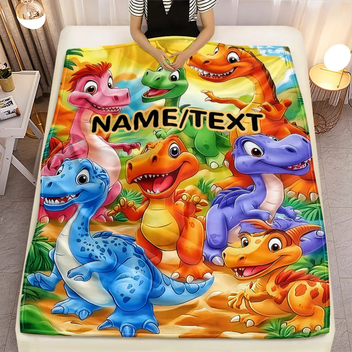 1 Piece Personalized Dinosaur Blanket - Custom Name & Text, Soft Flannel Lightweight Bed Cover for All Seasons, Featuring Tyrann