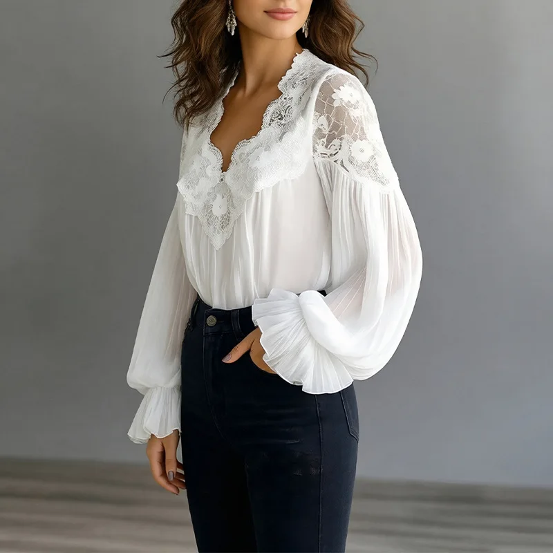 Summer Womens Blouse Long Sleeve V Neck Solid Color Blouses Lace Trim Elegant Ruffle Cuff Chiffon Blouse Sheer Top For Woman