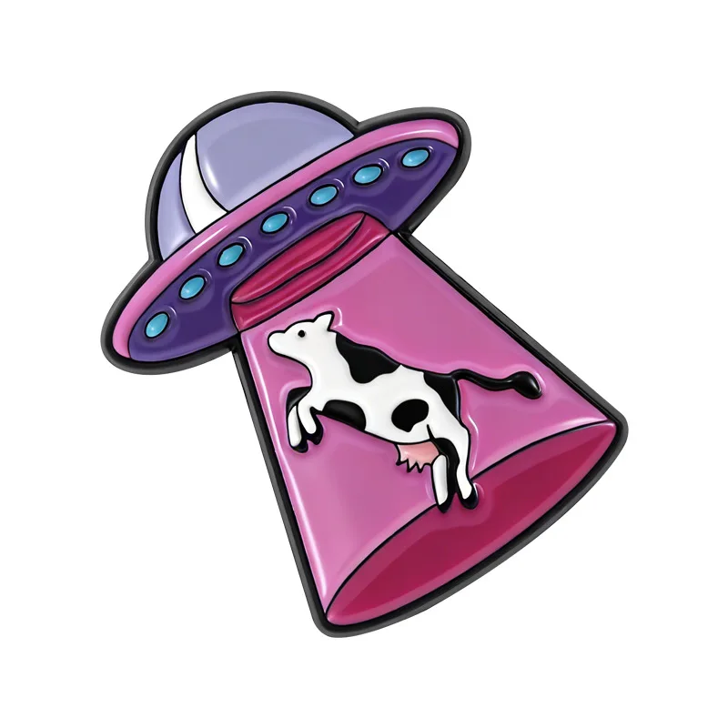 Cartoon UFO Cow Pattern Badges, Creative Alien-Themed Decorative Pins, Wholesale Backpack Clothing Accessories for Decoration