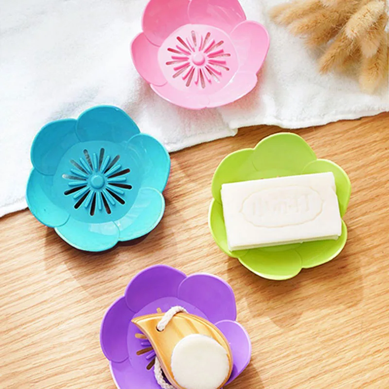 1PC Double Layer Flowers Lotus Shape Draining Soap Dish Soap Box Plate Holder Portable Punch-free Soap Tray Bathroom Accessories