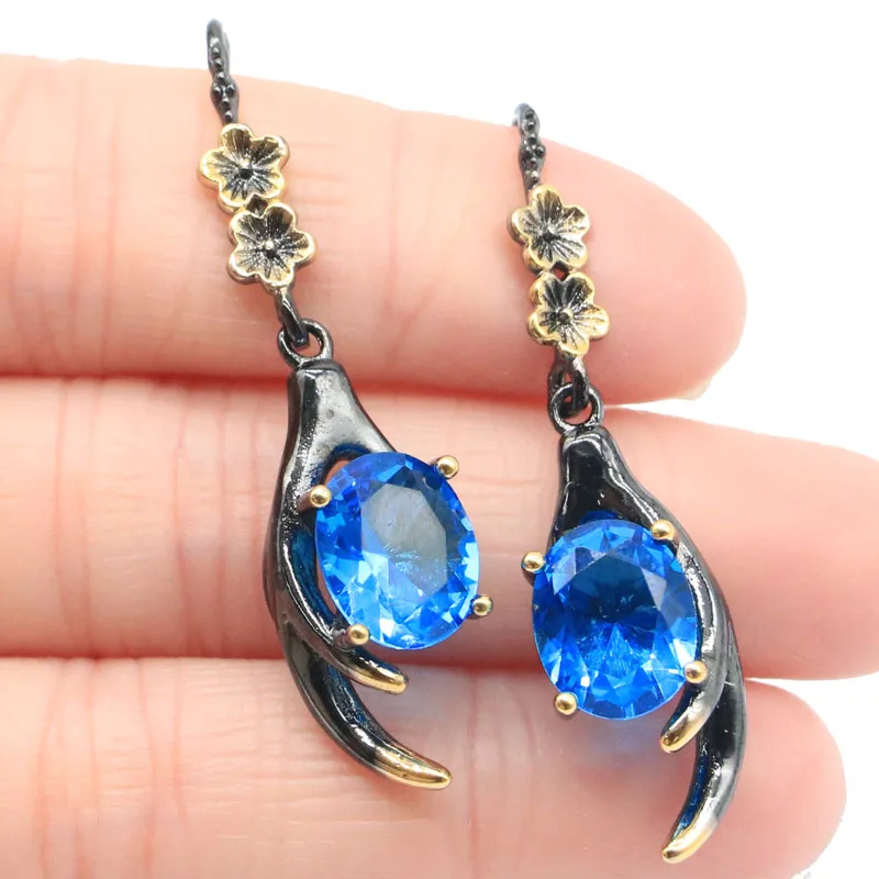 

Buy 4 Get 1 Free 50x10mm Pink Kunzite Swiss Blue Topaz Women Present Black Gold Silver Earrings