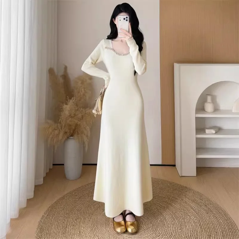 

New Women Elegant U-Neck Sweater Dress Autumn Winter Fashion Long Sleeve High Stretch Slim Waist Knitted Dress Simplicity Dress