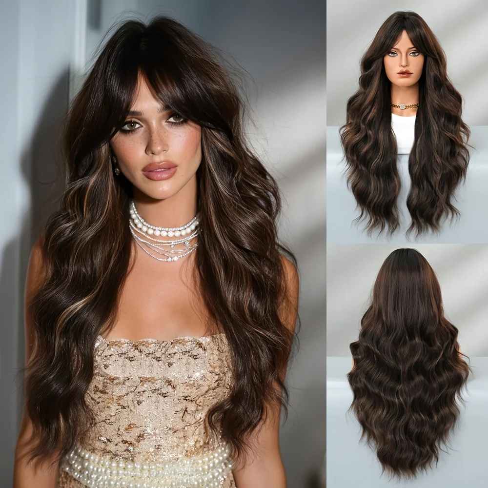 Women use long water ripple mocha brown wigs every day, dignified and fashionable medium dark brown curtained bangs wigs