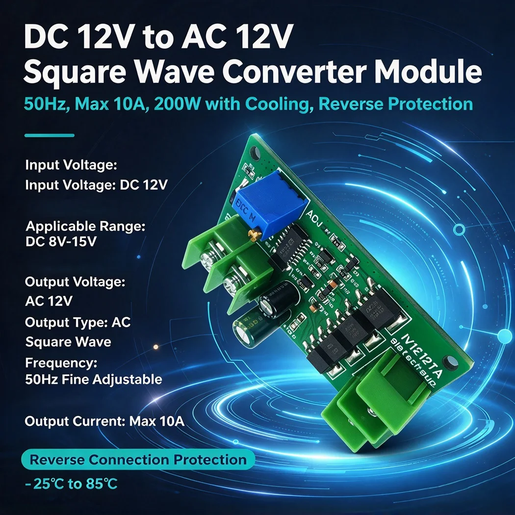 DC 8-15V to AC12V Square Wave Inverter Module 50Hz Adjustable Anti-reverse Protection 10A Max 100W-200W DC-AC Converter