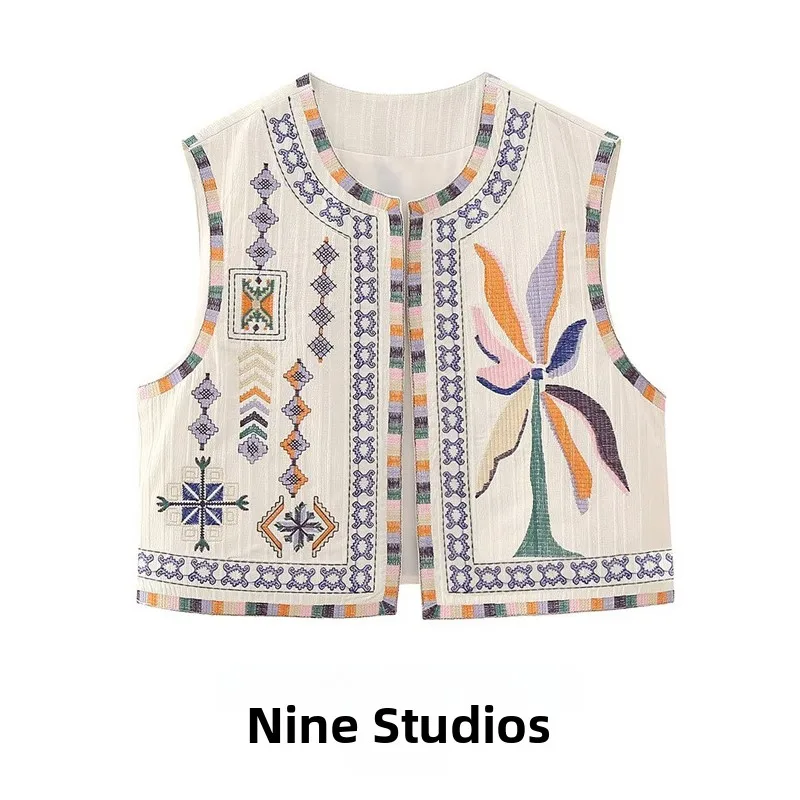 Comfortable Casual Sleeveless round Neck Vest Women's Fashion Top NINE ZAR Short Length Plant Floral Patterned Outerwear
