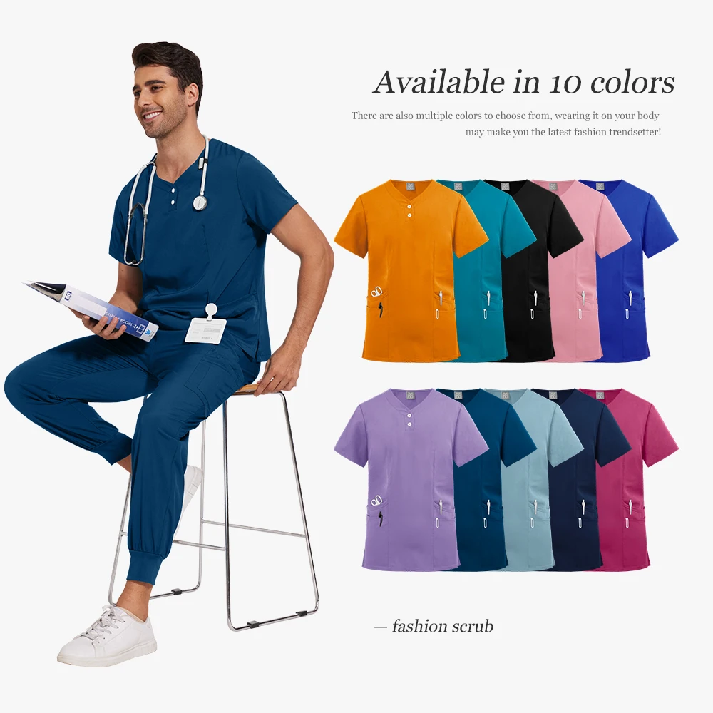 Man and Women's Solid Color Scrub Sets Short Sleeve Top Pants Casual Uniform with Pockets Anti-wrinkle Surgical Uniform Workwear