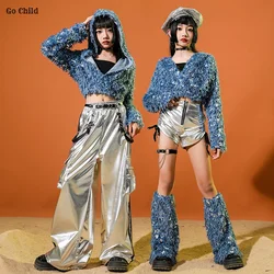 Girls Sequin Crop Hoodies Street Dance Silver Cargo Pants Kids Hip Hop Jazz Shorts Clothes Sets Child Streetwear K-pop Costumes