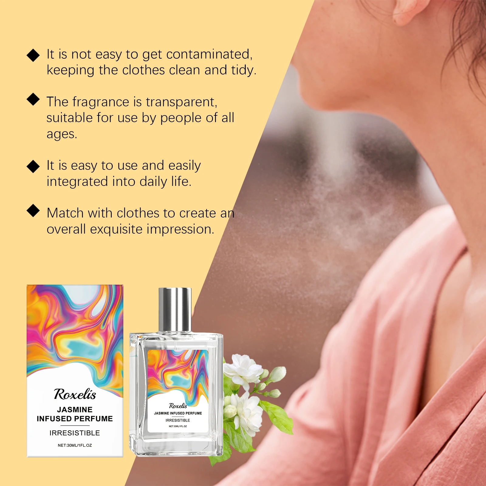 น้ำหอมกลิ่นมะลิสดชื่นสำหรับผู้หญิง กลิ่นหอมติดทนนาน กลิ่นดอกไม้ ฟีโรโมน ระงับกลิ่นกาย สดชื่น เหมาะสำหรับเดทและออกเดท น้ำหอมแบบสเปรย์