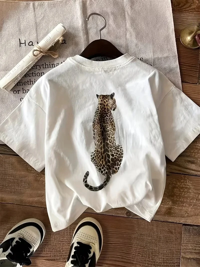 Leopard Print Round Neck Short Sleeve T Shirt for Women Casual Sports Style Soft Breathable Lightweight Eco Friendly Personality