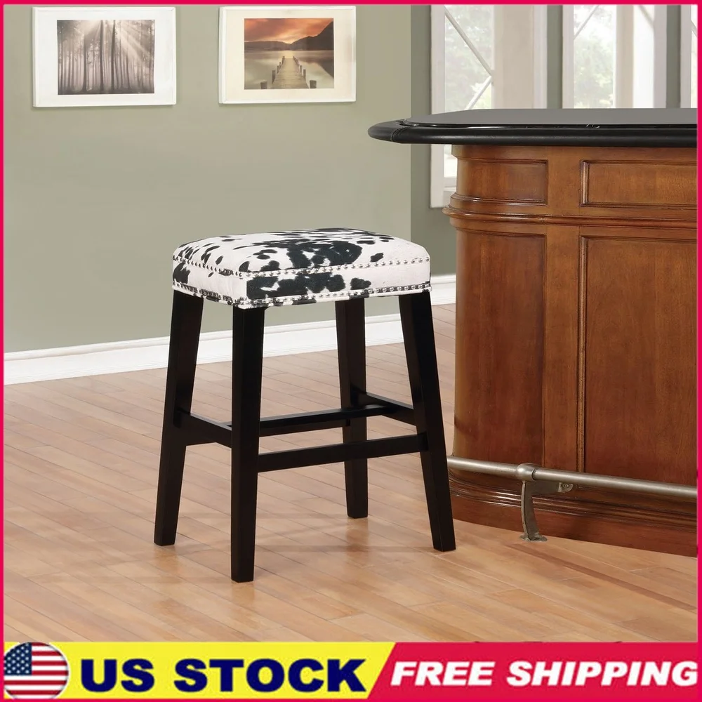 

Traditional Black Cow Print Bar Stool 30.5 inch Height Indoor Kitchen Dining Room Furniture Solid Wood Footrest Durable Design