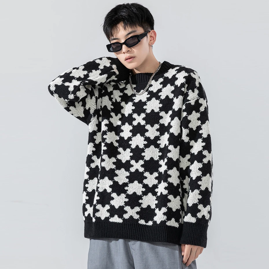 

Autumn Winter Knitted Sweater Men Hip Hop Streetwear Plaid Sweater Harajuku Pullover Orange Jumper Male