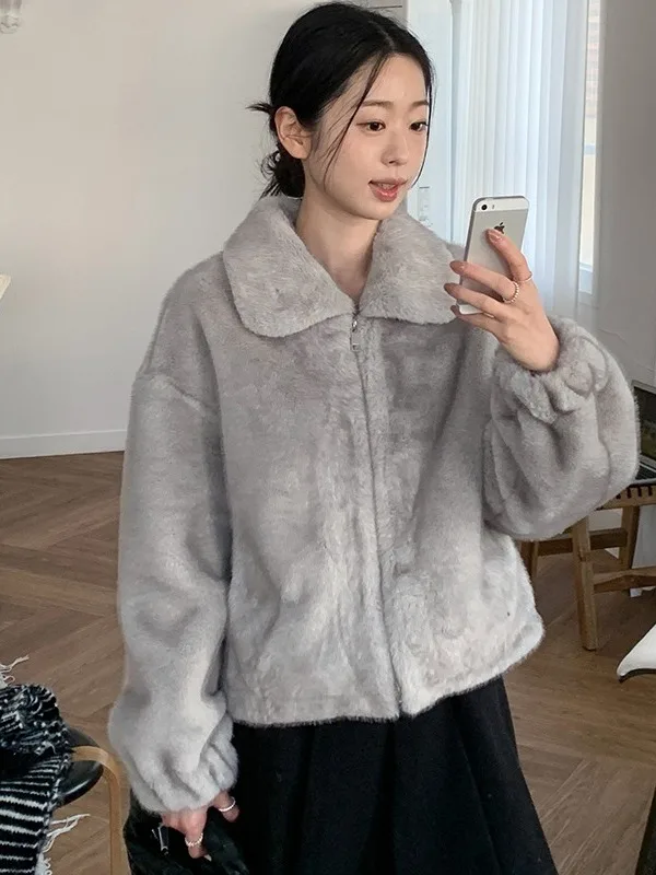 شتاء جديد Faion الوقوف طوق سستة وهمية المنك Jaet ort المرأة الفاخرة يشعر معطف الدفء الفراء الاصطناعية الكورية Sle