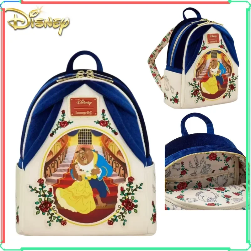 Mochila Loungefly La Bella y la Bestia, tamaño pequeño, serie para días lluviosos, impermeable, con bordado de rosas, para viajes diarios.