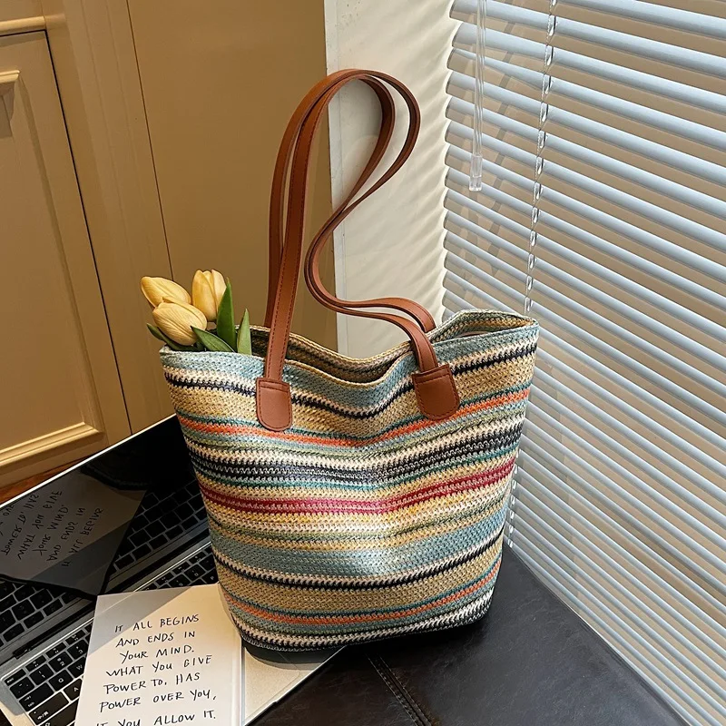 

New Rainbow Woven Shoulder Bag Large Capacity Simple Beach Bag for Women Fashionable and Versatile Commuting Bag Vacation