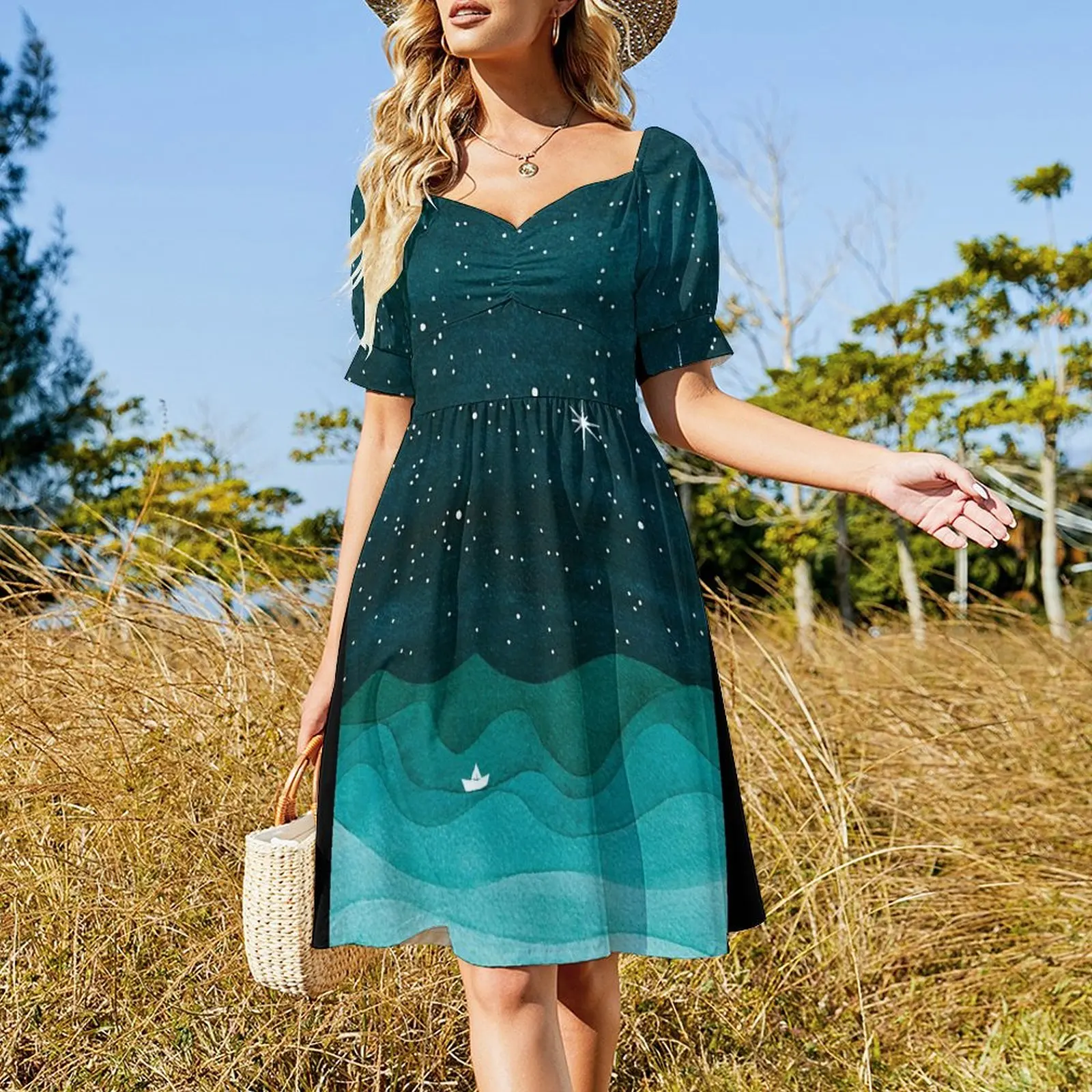 Starry Ocean, teal sailboat watercolor sea waves night Short Sleeved Dress womens dress Summer women's clothing Dress image 2
