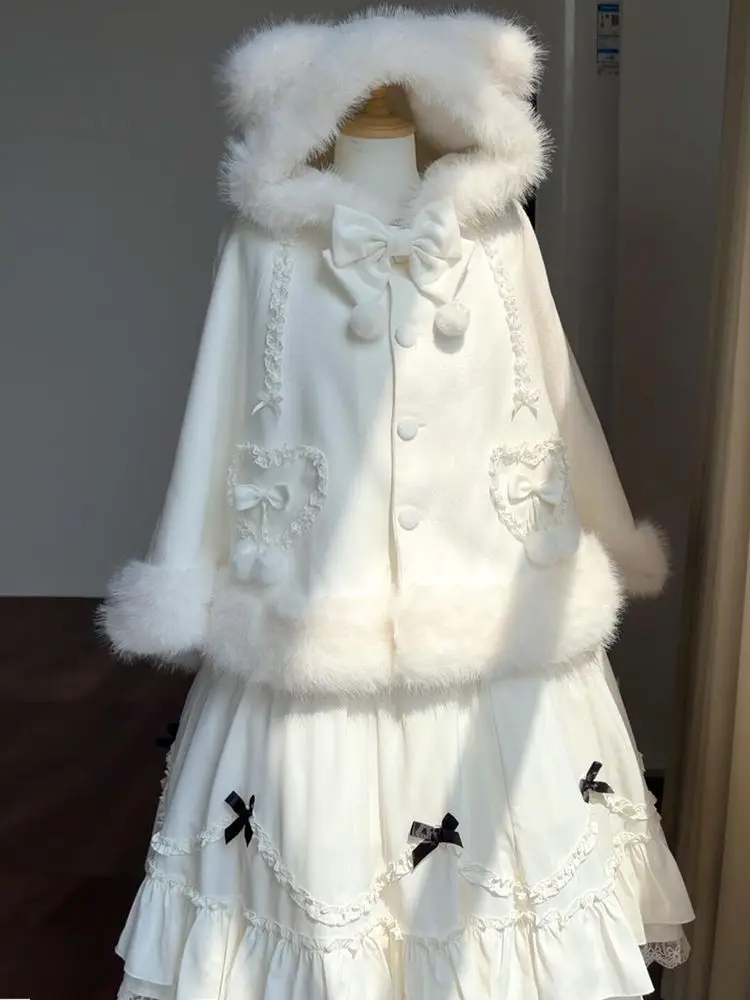 Winter Autumn Sweet Kawaii Lolita Hooded Cape Coat Japanese Plush Ears Bow Lace Edge Y2K Princess Style Cosplay Party Overcoat