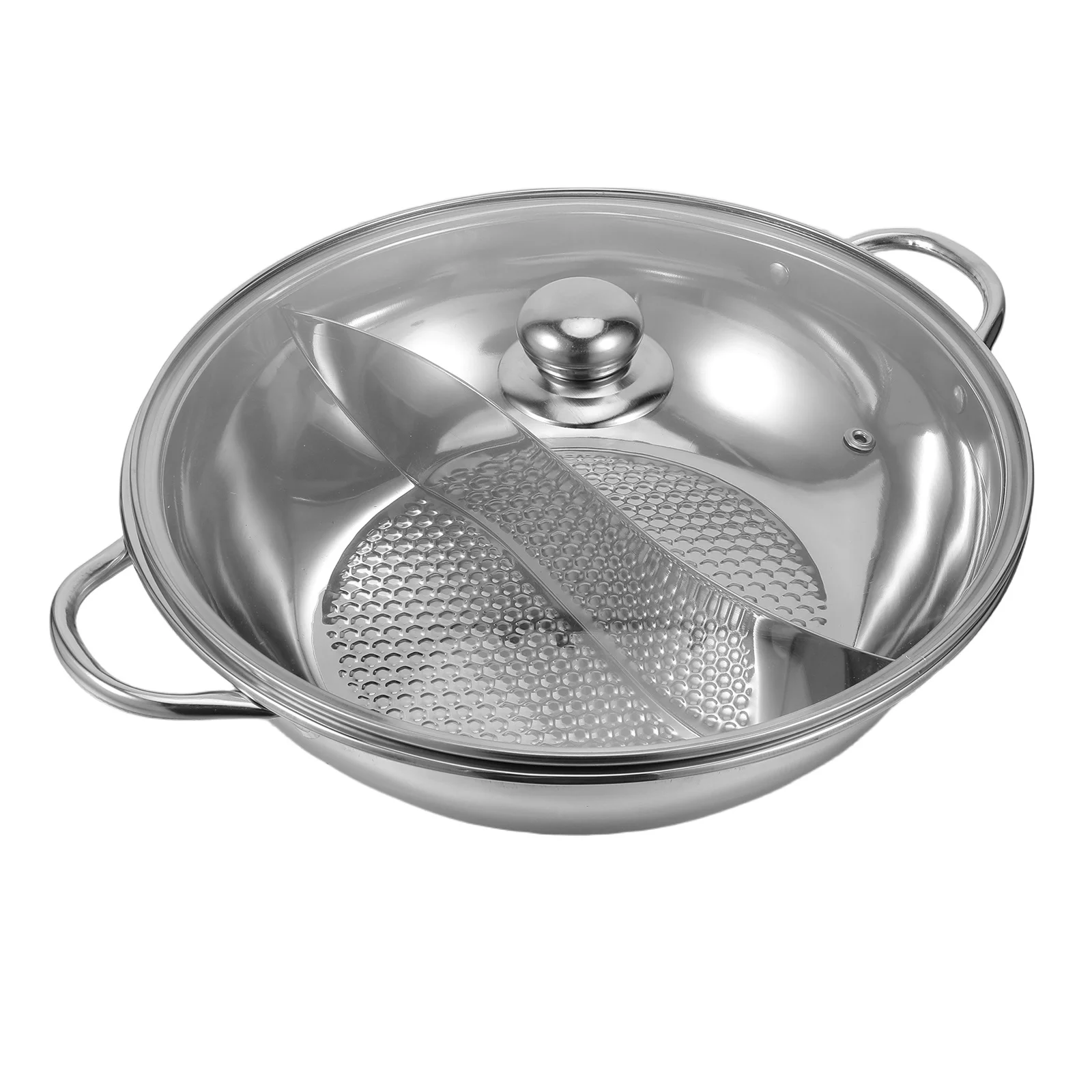 

12 Inch Stainless Steel Divided Hot Pot Dual Sided Soup Stockpot Double Handles Anti Sticking Bottom for Induction Cooktop