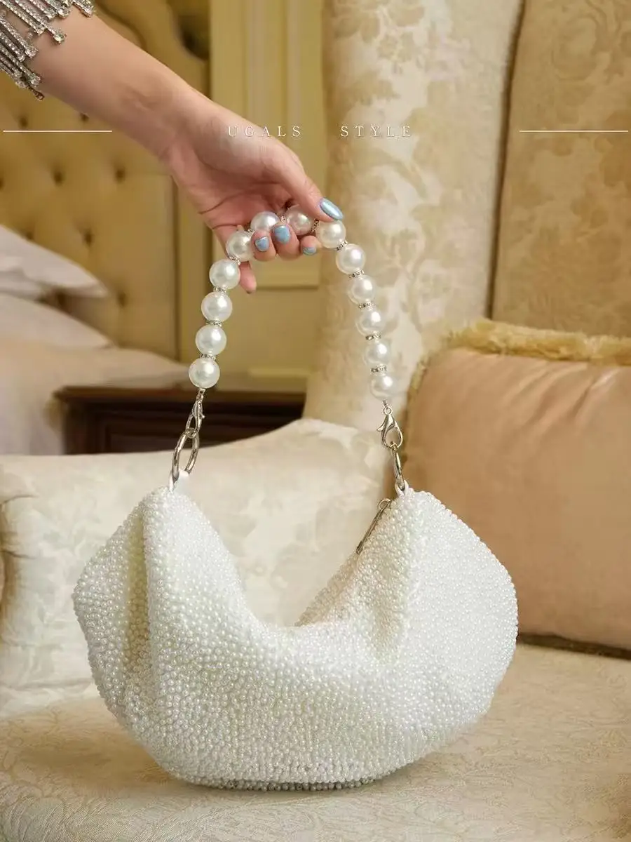 

Fashion Satin Cloud Bag Beads Beaded Woven Handmade Women Handbag High Quality Luxury Clutch Purse Wedding Party Banquet Bag