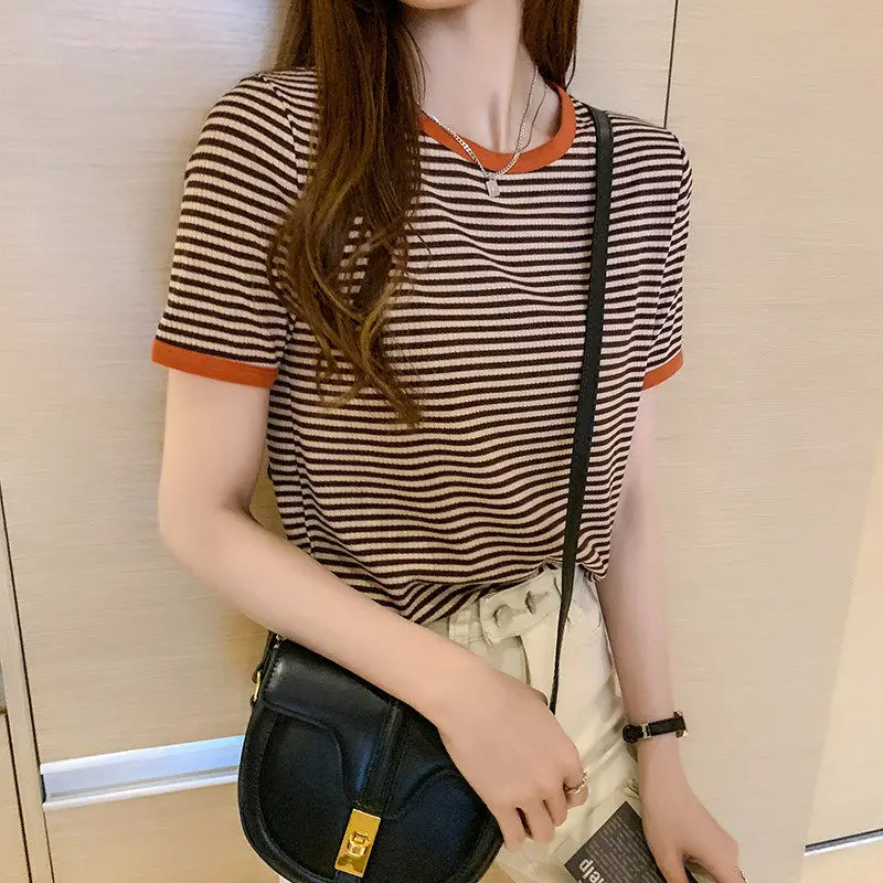 Women's T-shirt Summer Outfit Striped Short Sleeve Slim Top Female Korean Popular Clothes Y2k Trending Clothing Style Clearance