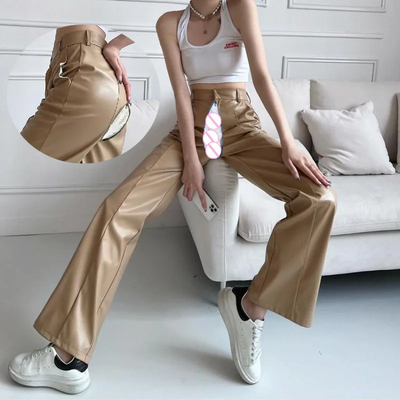 

Invisible Open Crotch Pants Sexy Women High Waisted Faux Leather Stretchy Nightclub Pleather Leggings Sex Pants Casual Trousers