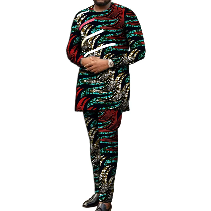 Long Sleeves African Clothes Men Set Nigerian Style Colorful Stripe Patchwork Tops With Pant Groom Suit Male Traditional Outfit